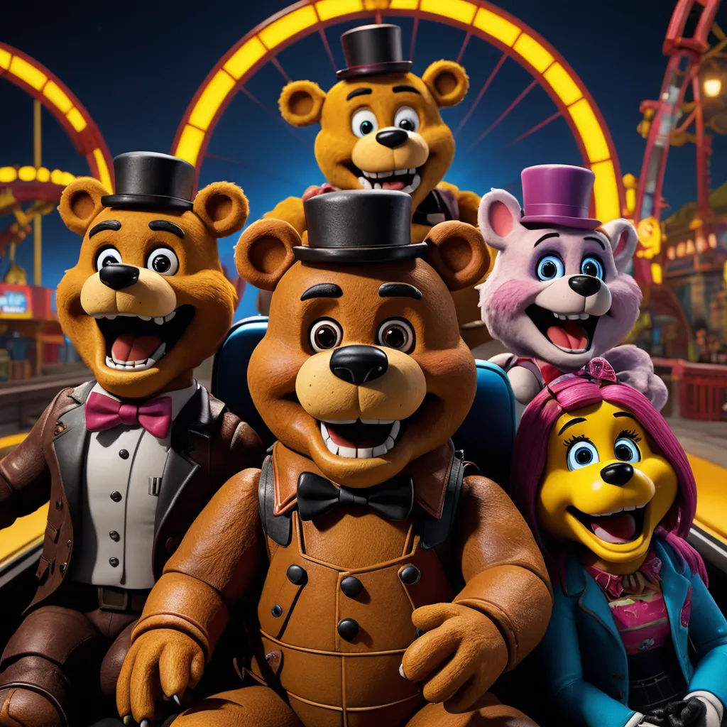 a group of five stuffed animals sitting next to each other on a roller coaster at a carnival park at night, sots art, concept art, Chris LaBrooy, promotional image