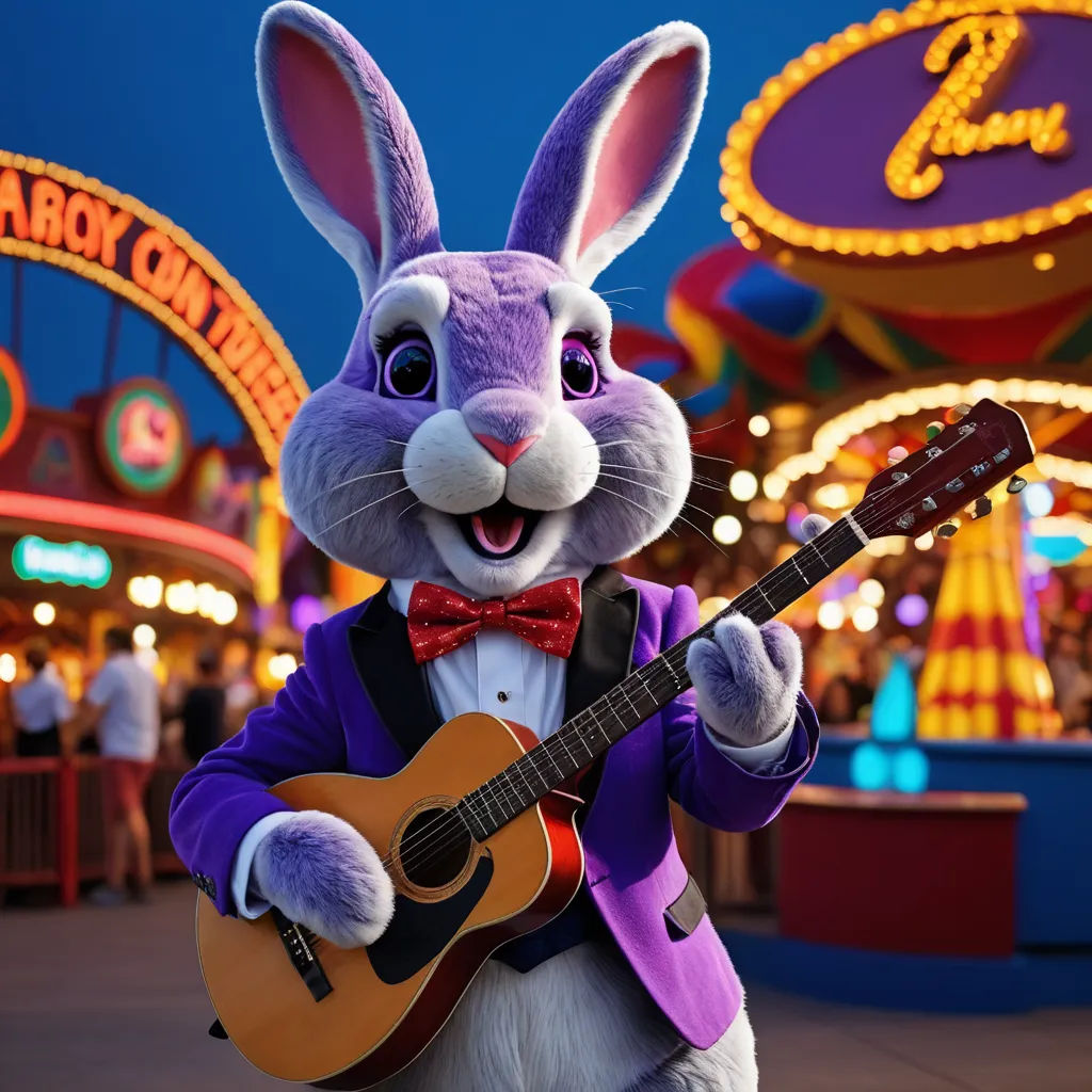 a rabbit dressed in a suit playing a guitar in a carnival park at night with people in the background, photorealism, a character portrait, Chris LaBrooy, unreal engine 5 quality render