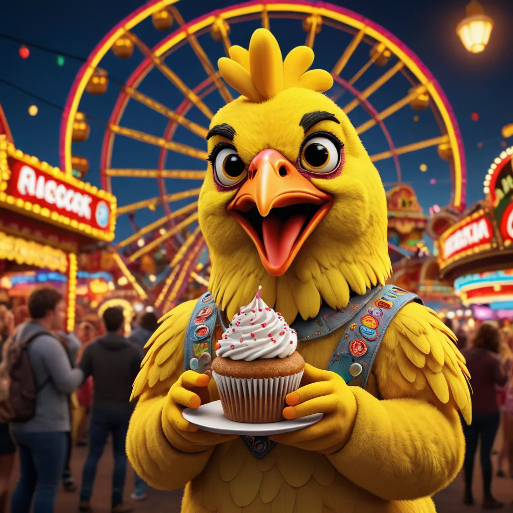 a chicken holding a cupcake in front of a carnival ride at night with a ferris wheel in the background, kitsch movement, a 3D render, Chris LaBrooy, promotional image