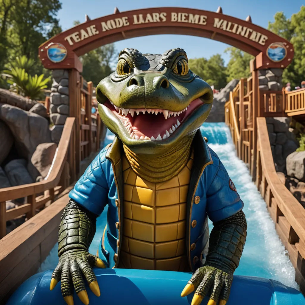 a fake alligator is riding a water slide at a theme park in california, usa, on a sunny day, les nabis, a stock photo, Clovis Trouille, promotional image