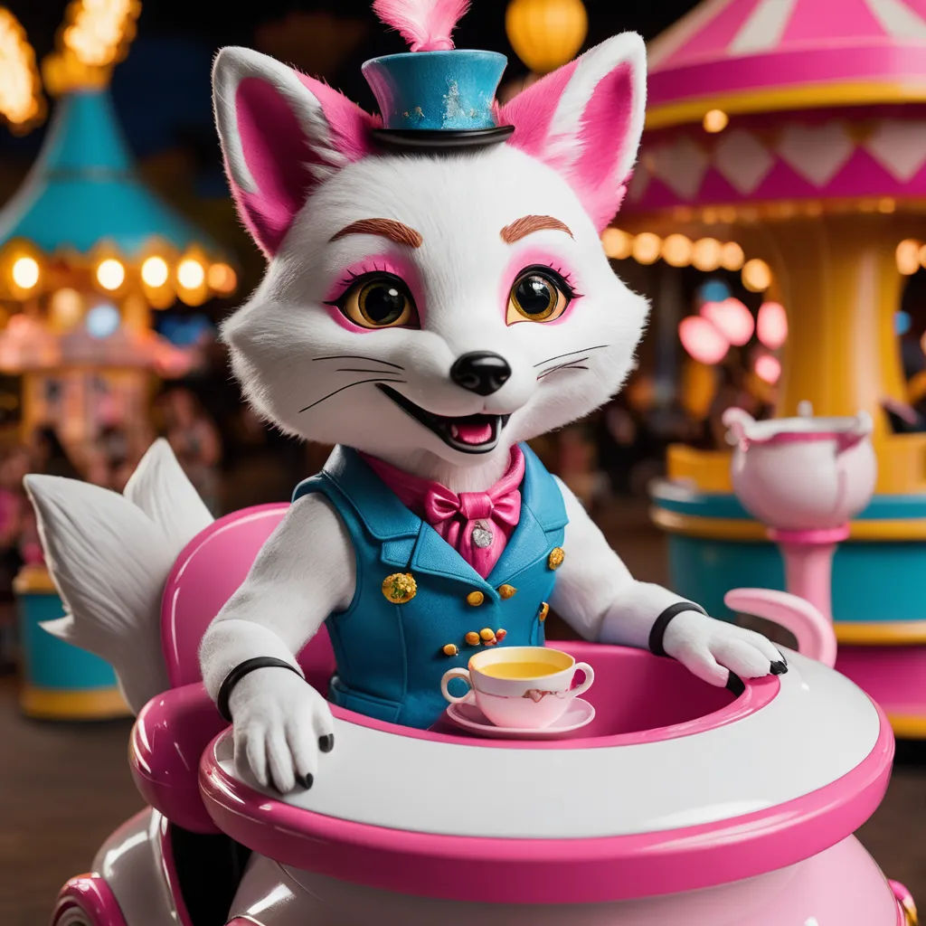 a cartoon character is riding a toy car at a carnival ride with a teacup in it's hand, furry art, a 3D render, Chris LaBrooy, unreal engine 5 quality render
