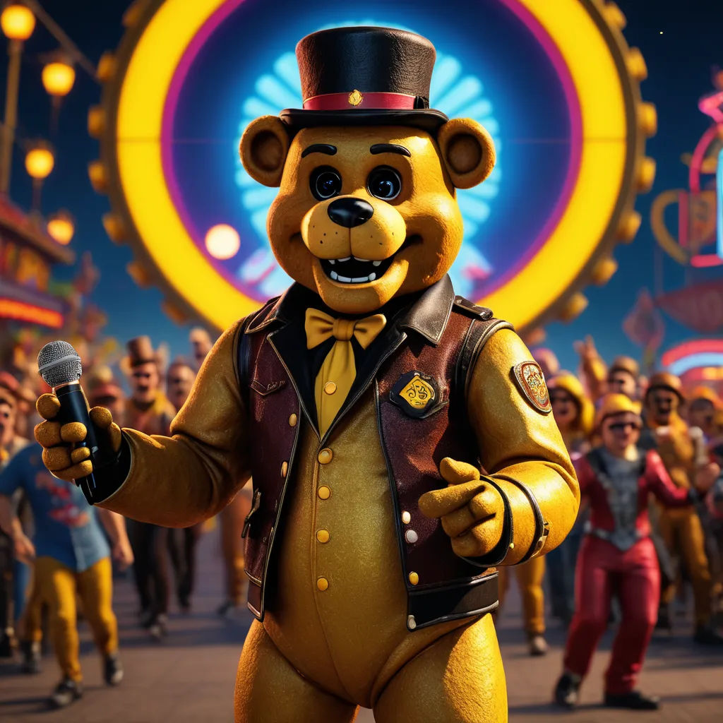 a bear dressed in a top hat and holding a microphone in front of a crowd of people in a carnival, sots art, concept art, Chris LaBrooy, promotional image