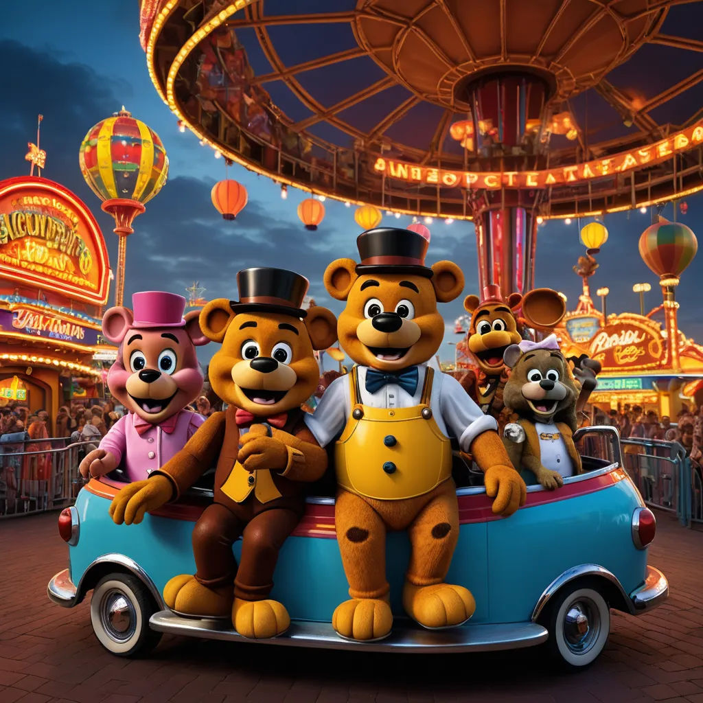 a group of teddy bears riding on top of a car in a carnival park at night with people watching, kitsch movement, a stock photo, Chris LaBrooy, promotional image