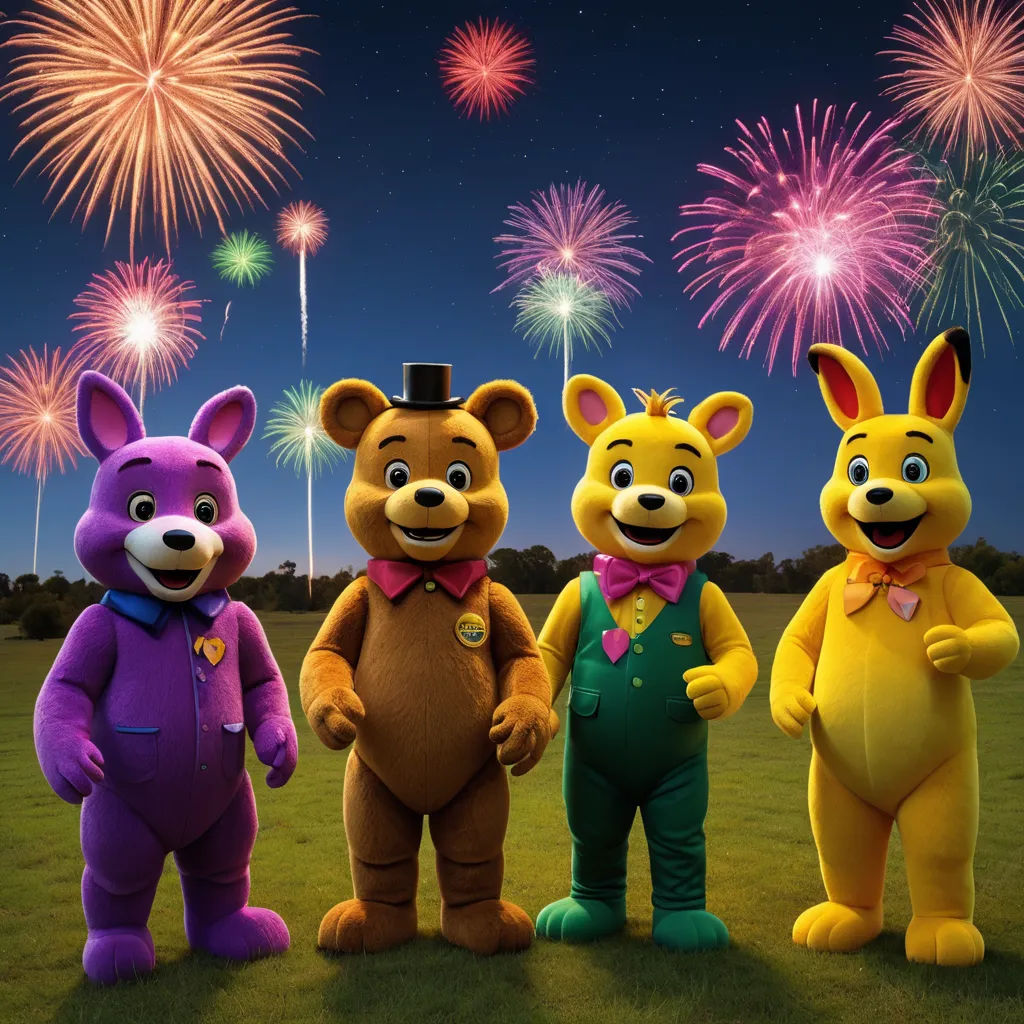 a group of three cartoon characters standing next to each other in front of fireworks and a sky filled with stars, furry art, a stock photo, Beeple, promotional image