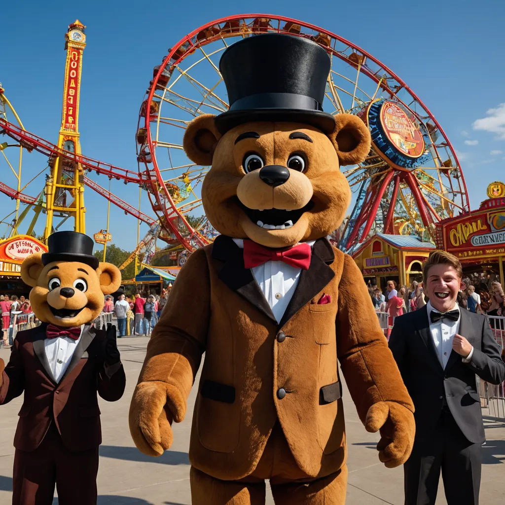 a man in a suit and top hat standing next to a bear and a bear mascot in front of a carnival ride, kitsch movement, a stock photo, Brian Fies, promotional image