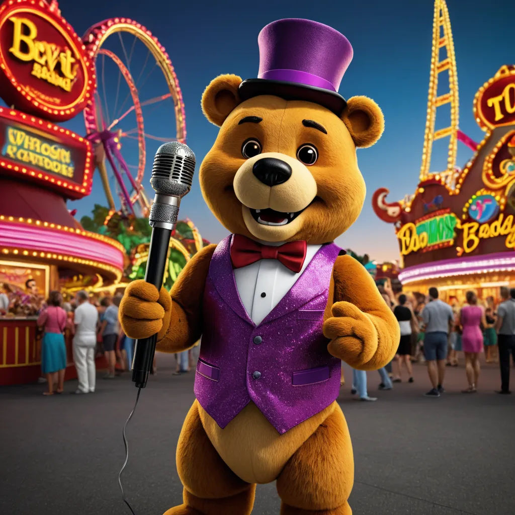 a teddy bear with a microphone in a carnival setting at night time with people in the background and a carnival sign in the background, verdadism, a character portrait, Chris LaBrooy, promotional image