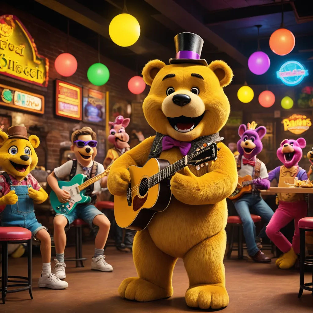 a group of people in a restaurant with a bear playing a guitar and singing to a bear with a top hat, sots art, a stock photo, Chris LaBrooy, promotional image