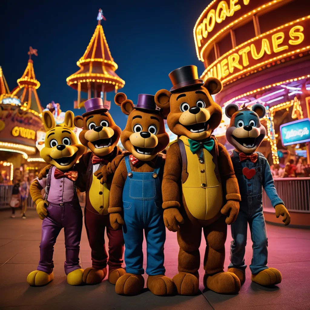 a group of five people dressed in animal costumes in front of a carnival ride at night time with lights on, sots art, a stock photo, Chris LaBrooy, promotional image