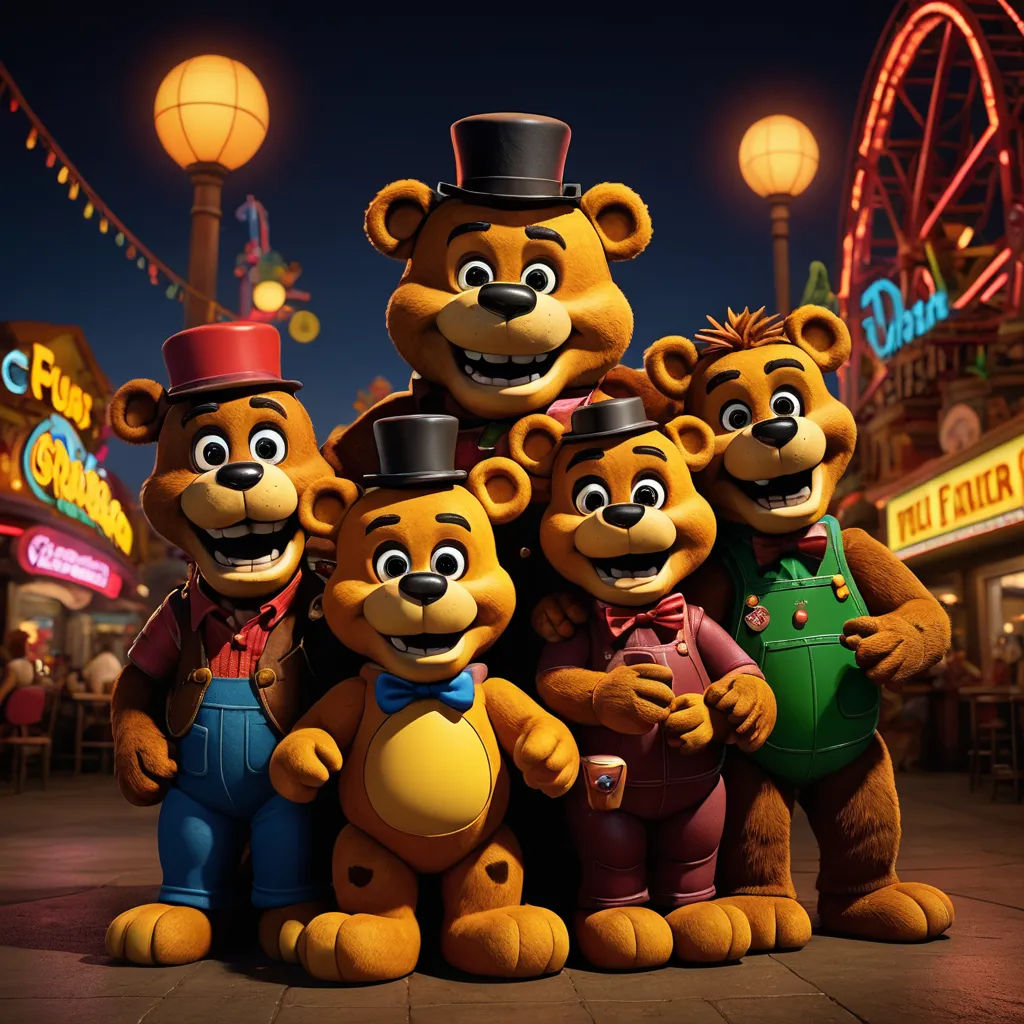 a group of five cartoon bears standing next to each other in front of a carnival ride at night time, sots art, concept art, Chris LaBrooy, promotional image