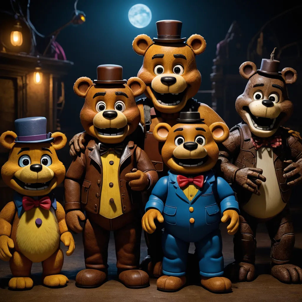 a group of five bears dressed in costumes and hats, standing next to each other in front of a stage, sots art, concept art, Charles Fremont Conner, promotional image