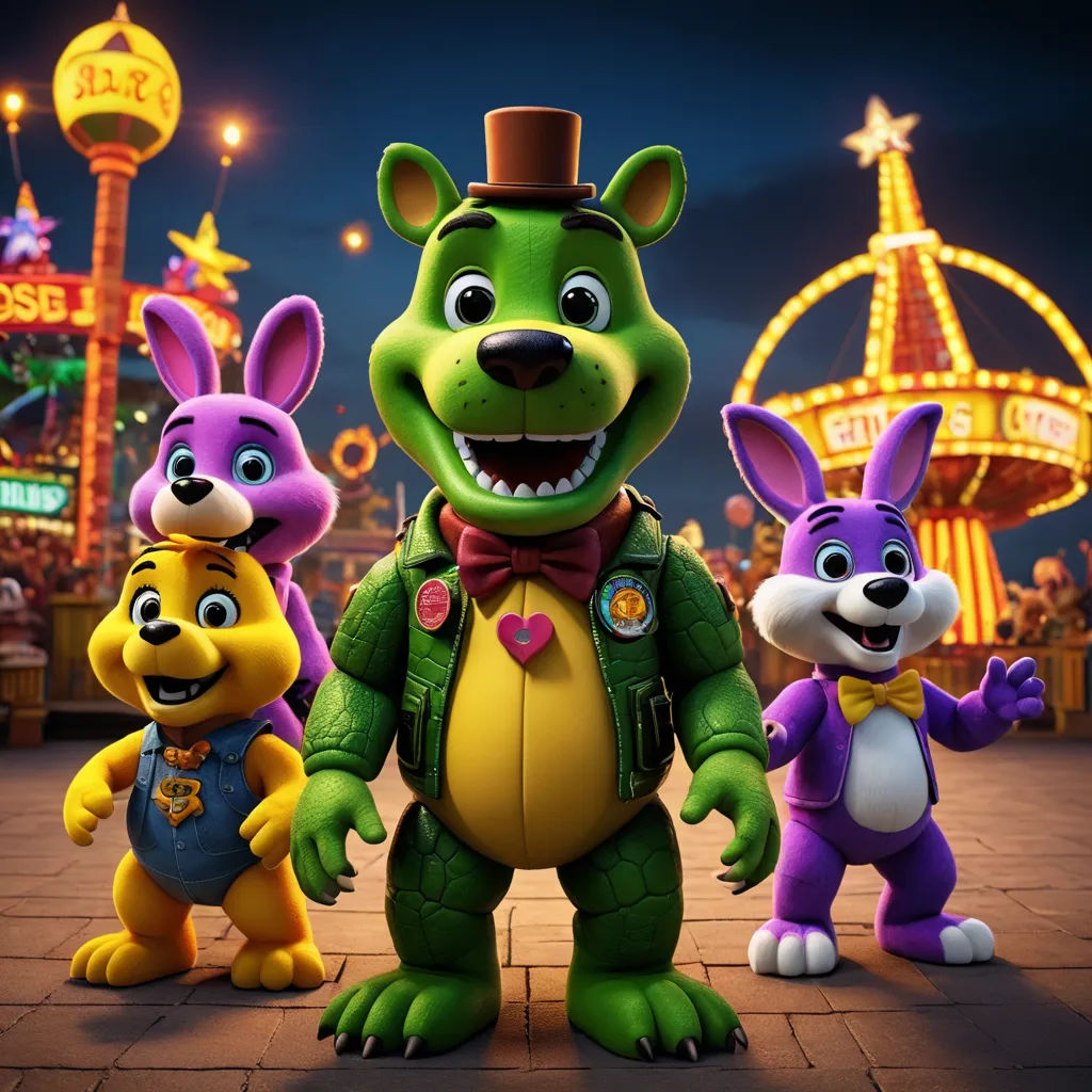 a group of cartoon characters standing in front of a carnival ride at night time with a lit up sign in the background, sots art, a 3D render, Chris LaBrooy, promotional image