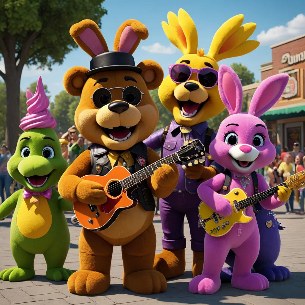 a group of cartoon characters standing next to each other on a street corner with a guitar and a microphone, sots art, concept art, Chris LaBrooy, promotional image