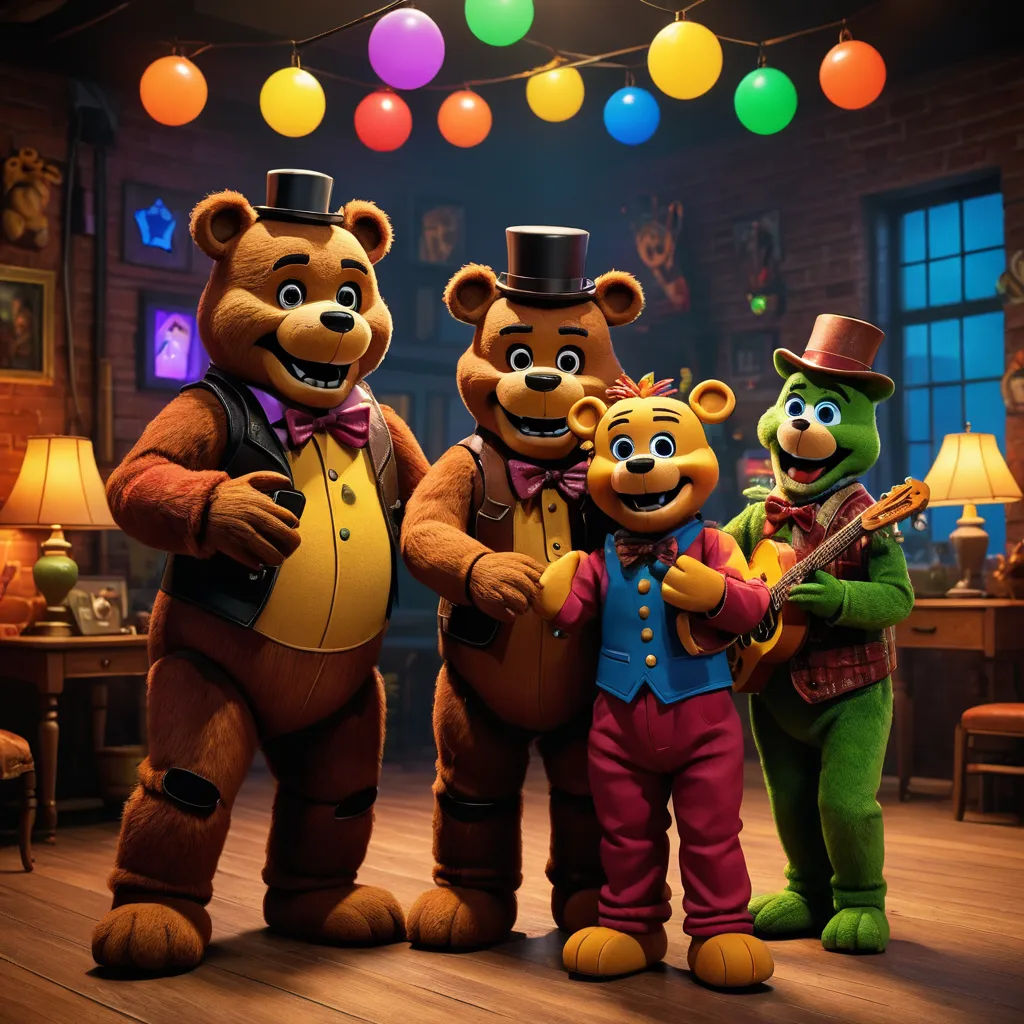 a group of five bears standing next to each other in a room with balloons and lights on the ceiling, sots art, concept art, Chris LaBrooy, promotional image