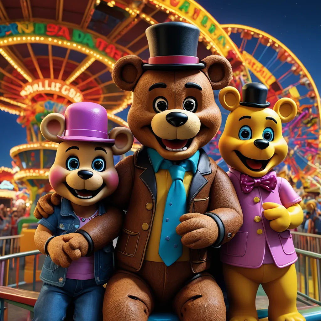 a group of three bears standing next to each other in front of a carnival ride at night time with lights on, sots art, a 3D render, Chris LaBrooy, promotional image