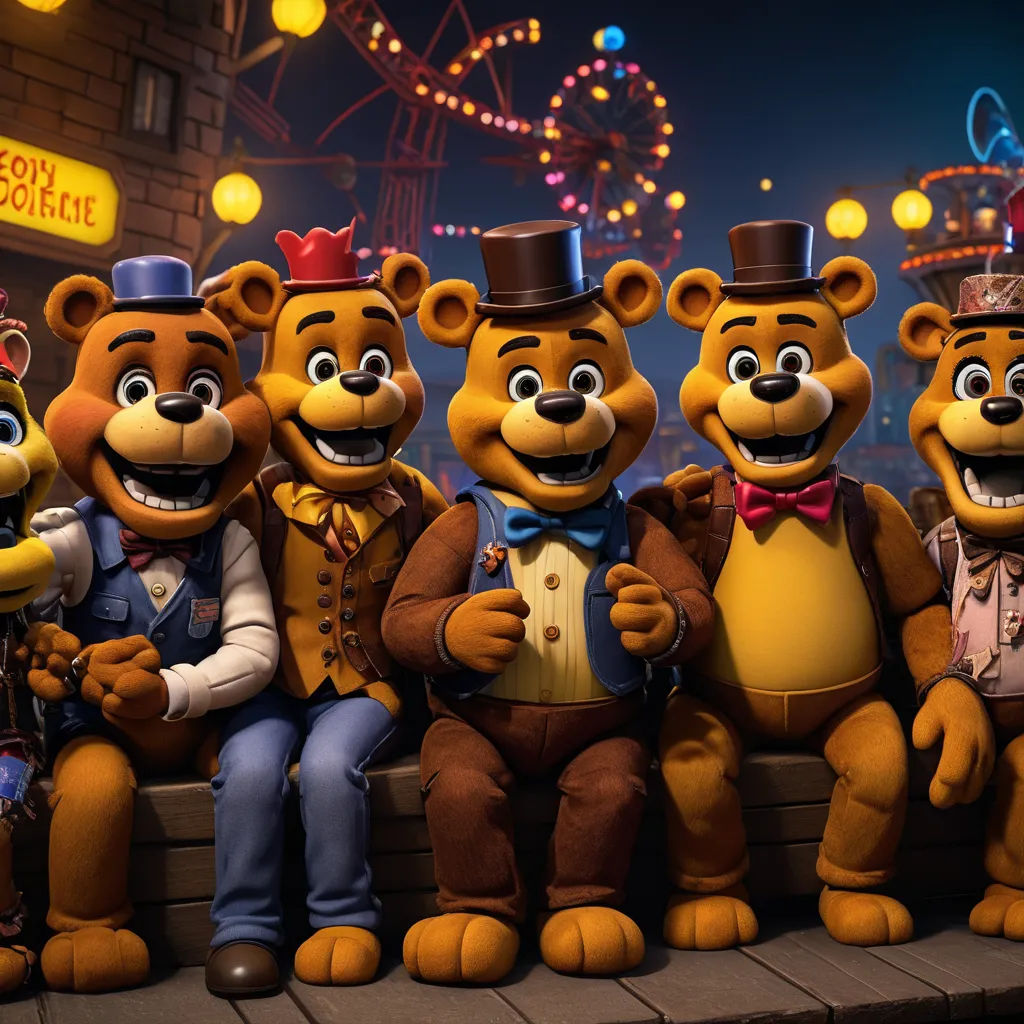 five cartoon bears are sitting on a bench together in a row, with a carnival in the background and a carnival sign in the background, sots art, concept art, Chris LaBrooy, promotional image