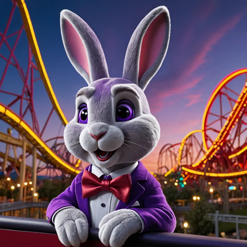 a rabbit dressed in a tuxedo poses for a picture in front of a roller coaster at night, shock art, a character portrait, Chris LaBrooy, promotional image