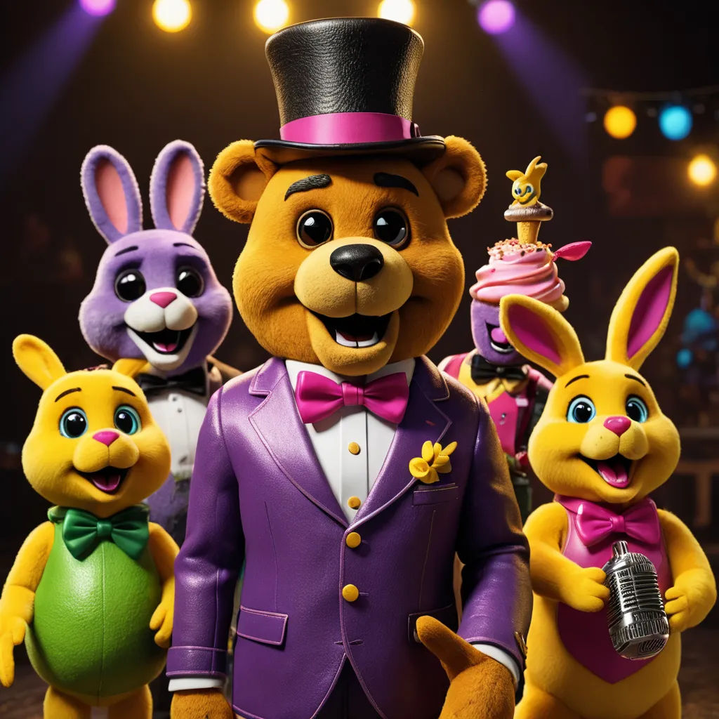 a group of stuffed animals dressed in costumes and hats standing next to each other on stage with a microphone, sots art, a 3D render, Chris LaBrooy, promotional image