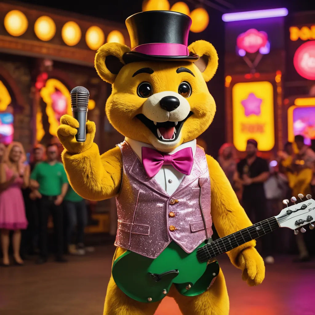 a bear dressed in a suit and tie holding a guitar and singing into a microphone while people watch from the stage, furry art, a character portrait, Chris LaBrooy, promotional image