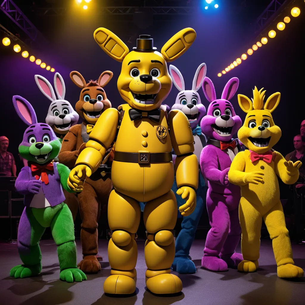 a group of five cartoon characters standing next to each other on a stage with a crowd of people in the background, sots art, computer graphics, Beeple, promotional image