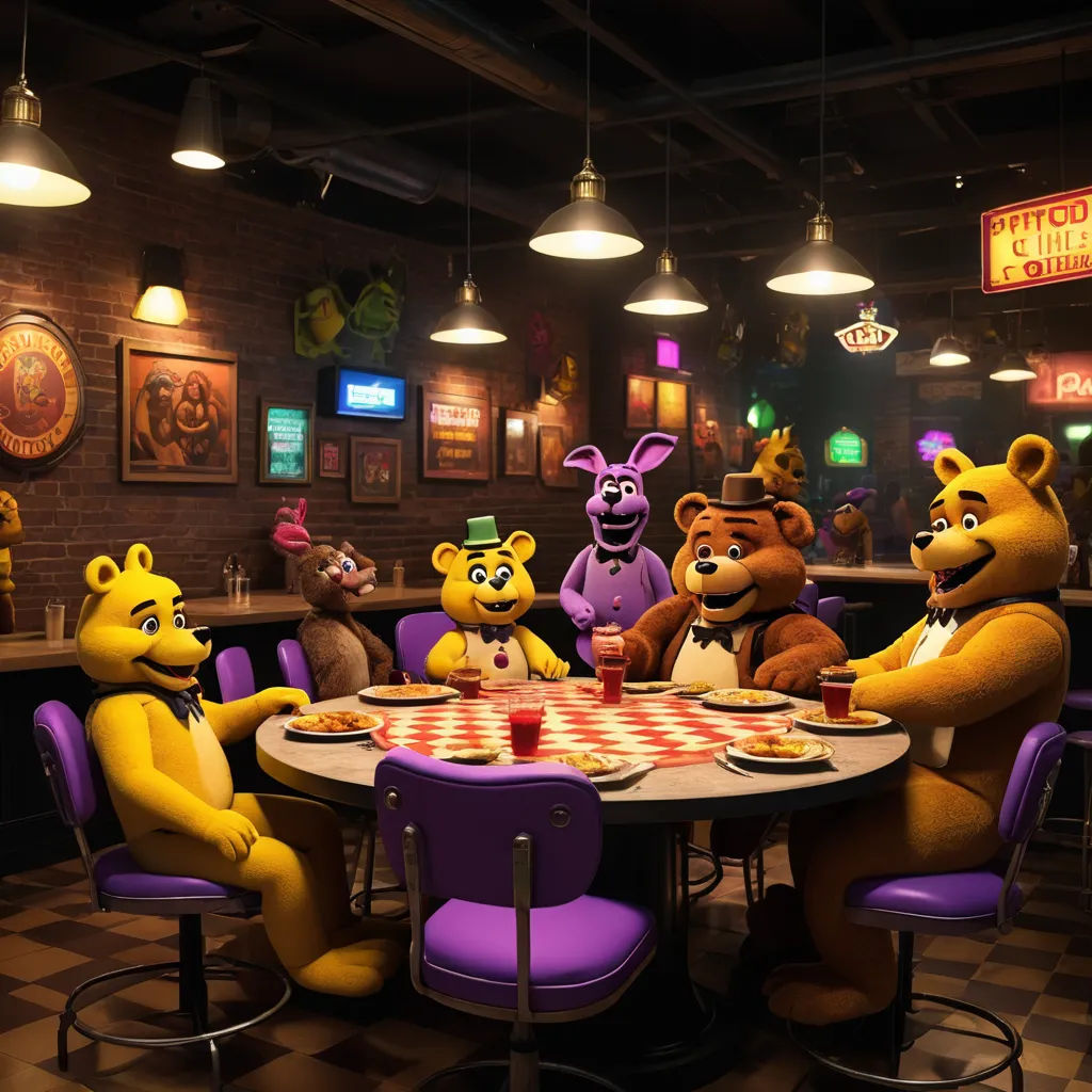 a group of cartoon characters sitting around a table in a restaurant with a checkered tablecloth on it, sots art, concept art, Dan Content, promotional image