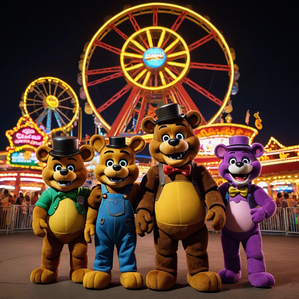 a group of three teddy bears standing next to each other in front of a ferris wheel at night time, sots art, concept art, Chris LaBrooy, promotional image