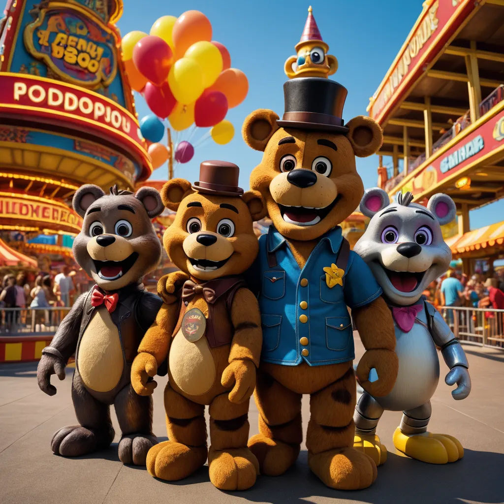 a group of three bears standing next to each other in front of a carnival ride with balloons and a sign, sots art, concept art, disney, promotional image