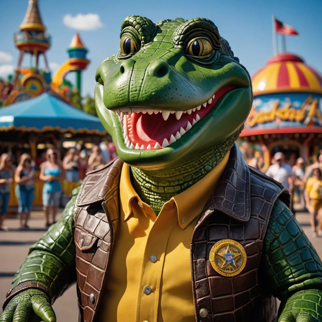 a man in a costume is standing in front of a dinosaur at a carnival with people in the background, cobra, a character portrait, Chris LaBrooy, promotional image