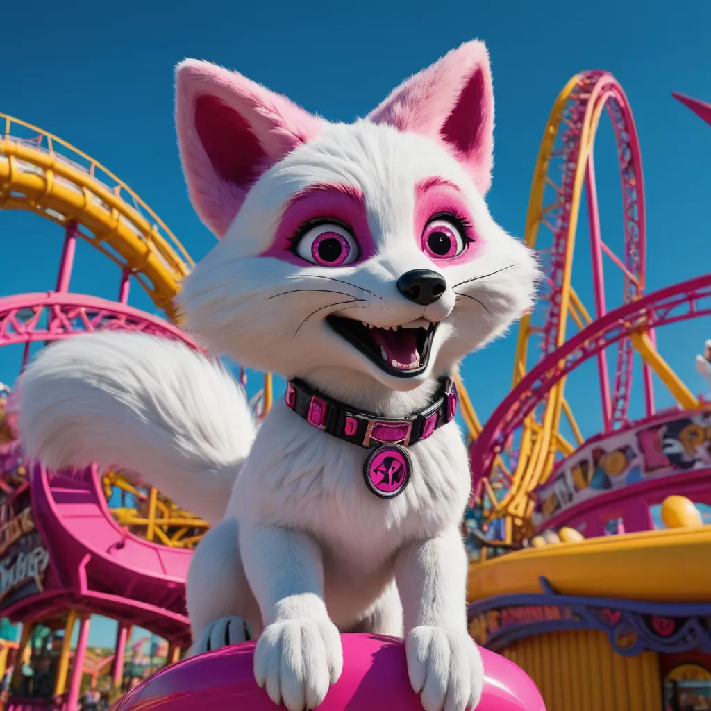 a white dog with pink eyes and a pink collar on a pink ball in front of a roller coaster, furry art, an ambient occlusion render, Felix-Kelly, promotional image