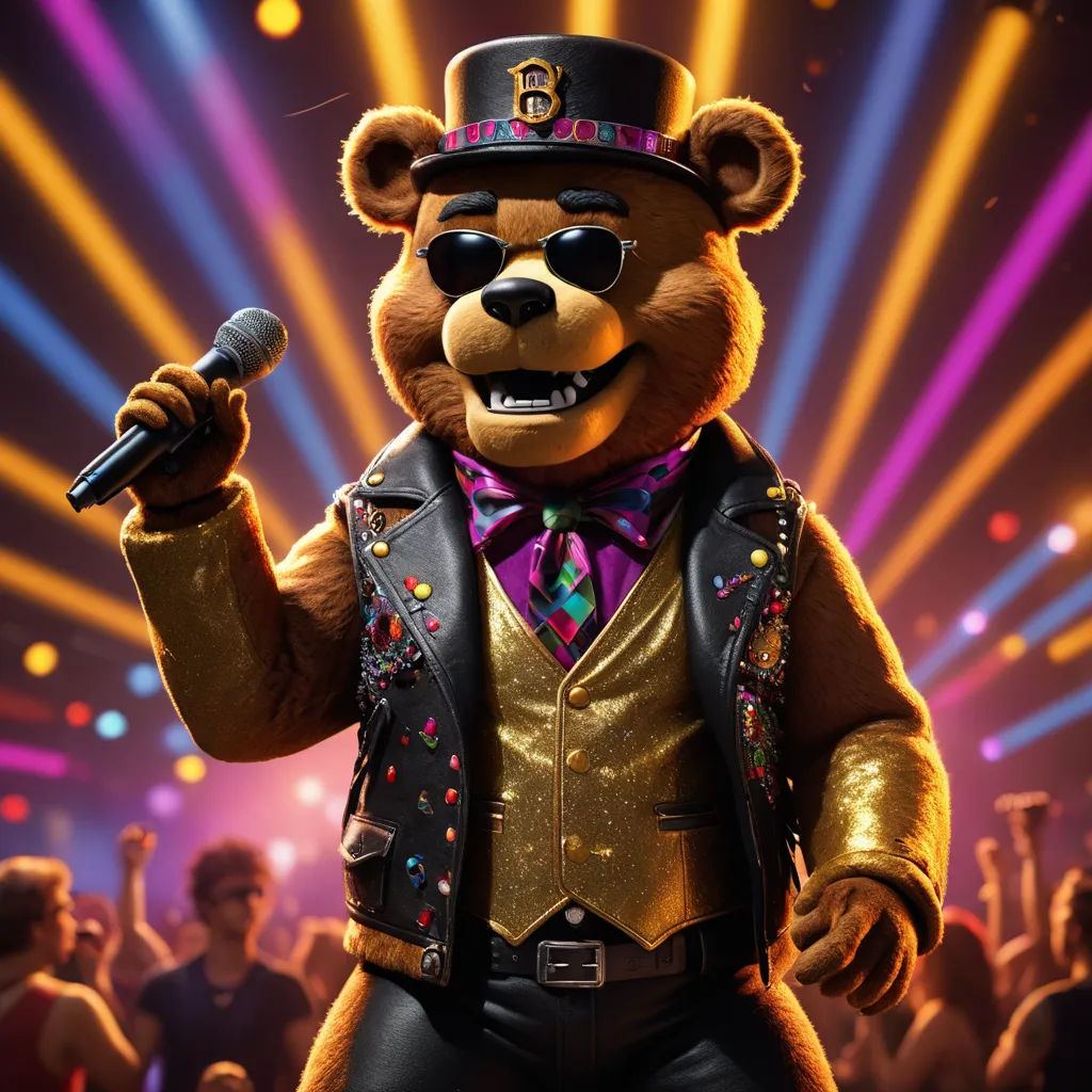 a bear dressed in a top hat and vest holding a microphone in front of a crowd of people wearing costumes, sots art, a character portrait, Chris LaBrooy, unreal engine 5 quality render