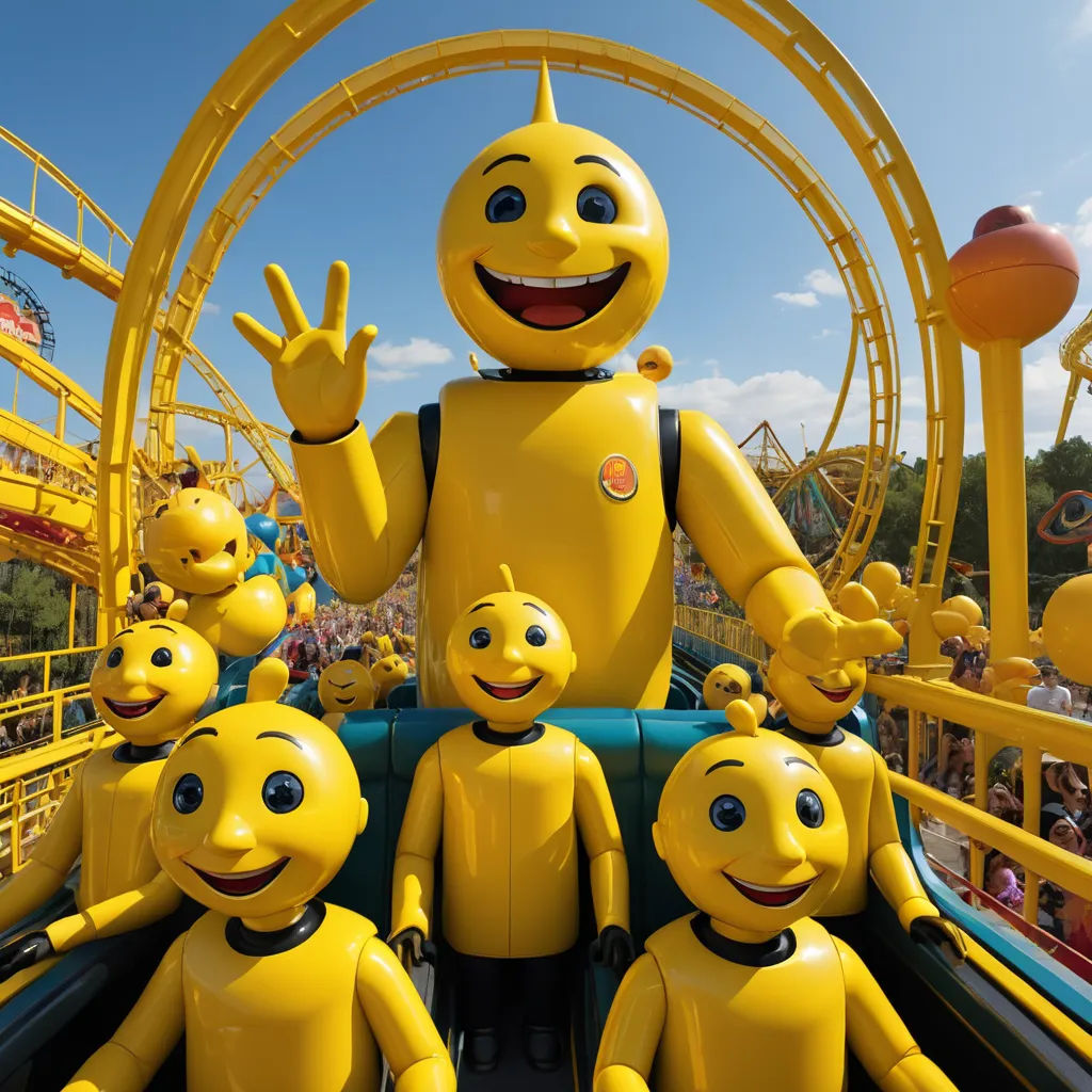a group of yellow characters in a roller coaster ride at a theme park with a sky background and a blue sky, antipodeans, a stock photo, disney, yellow