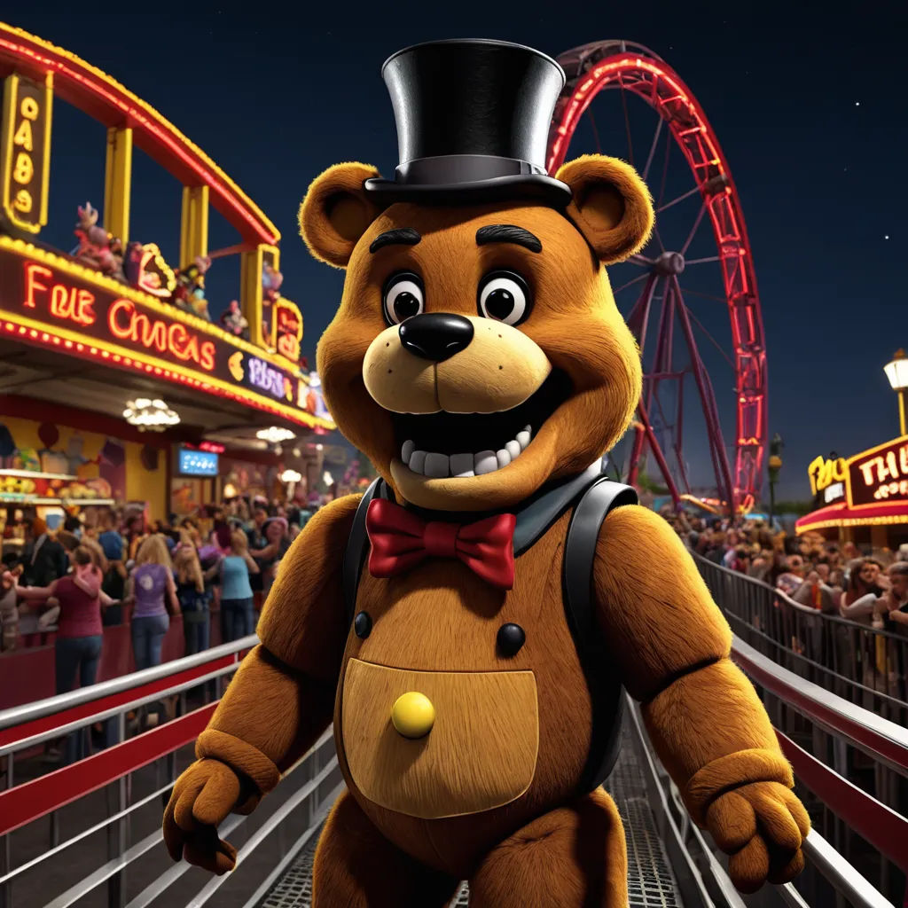 a large teddy bear with a top hat and bow tie on a roller coaster at a carnival park at night, sots art, concept art, Chris LaBrooy, promotional image