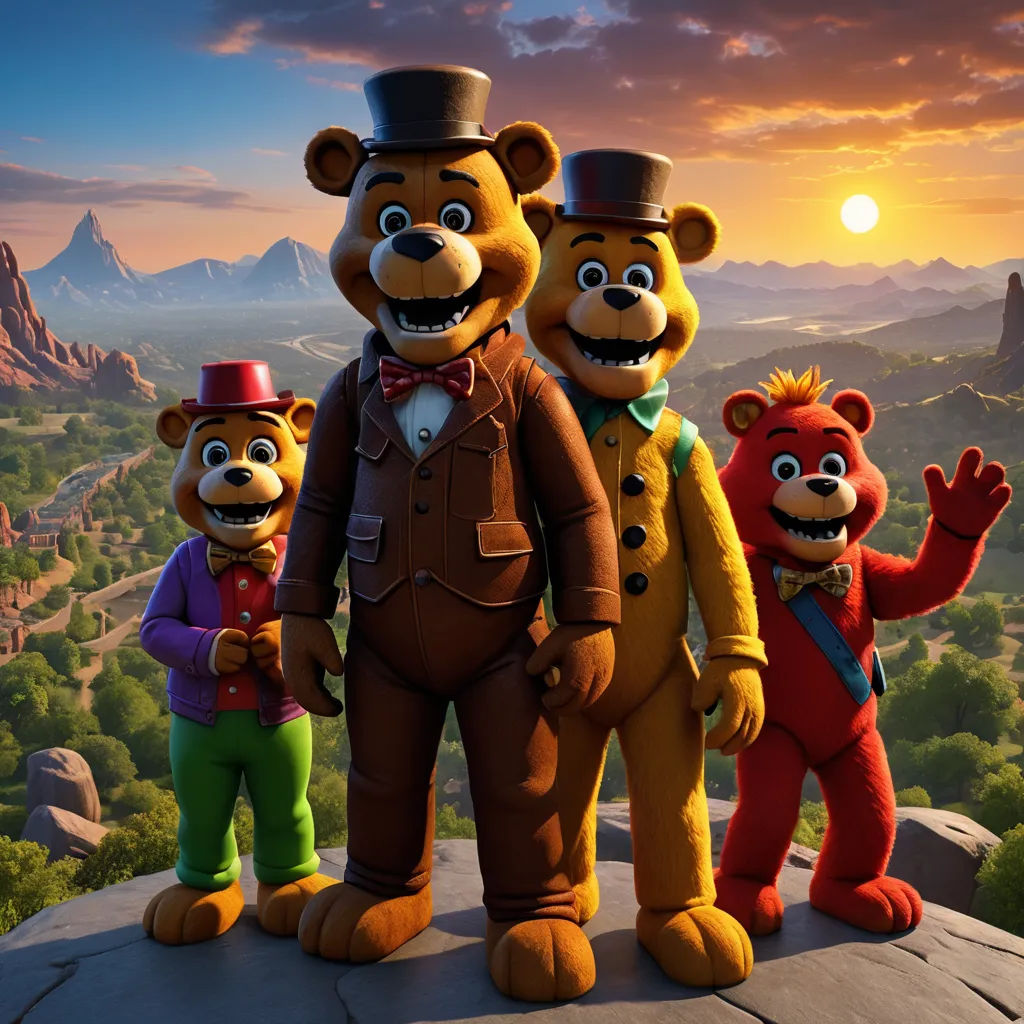 a group of five cartoon bears standing on top of a mountain at sunset with a mountain background and a sky background, sots art, concept art, Chris LaBrooy, promotional image