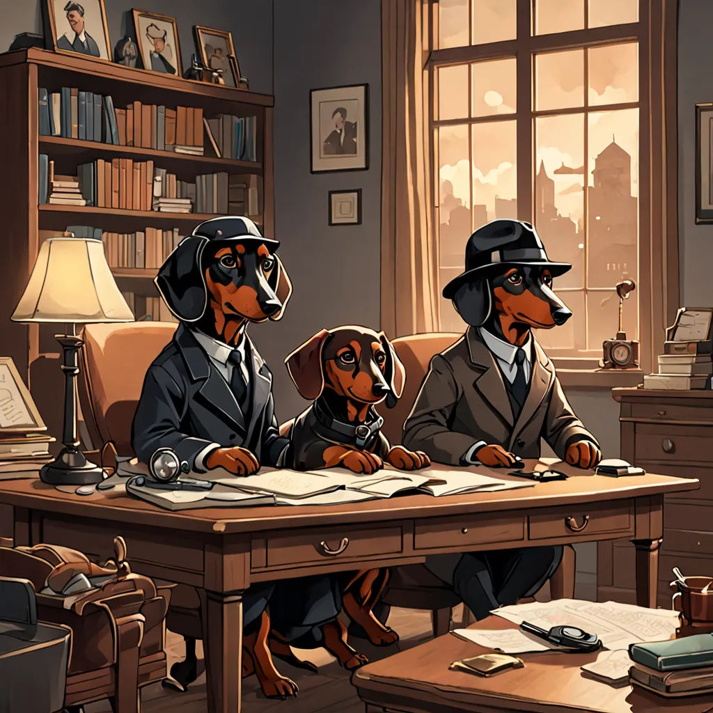 a couple of dogs sitting at a desk in a room with a lamp and a bookcase on it, furry art, a comic book panel, Brothers Hildebrandt, highly detailed digital art