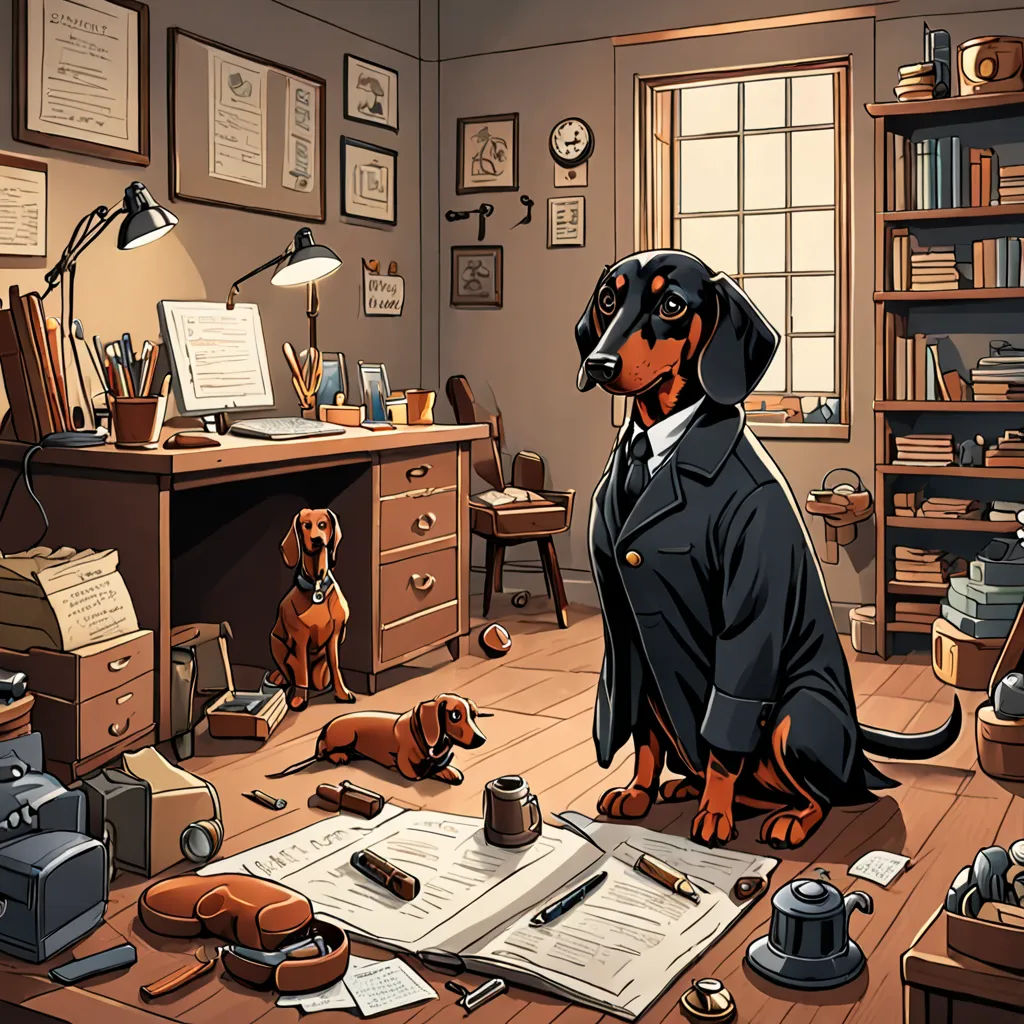 a dog sitting on a desk in a room with a lot of clutter and a lamp on it, furry art, a storybook illustration, Diego Gisbert Llorens, highly detailed digital art