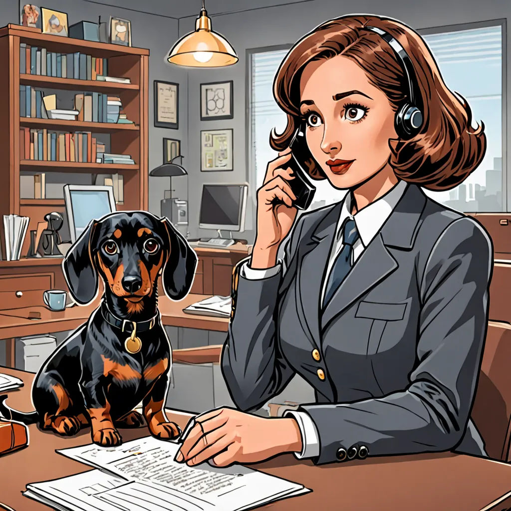 a woman in a suit sitting at a desk with a dog on her lap and a phone to her ear, sots art, a comic book panel, Edwin Georgi, high detail illustration