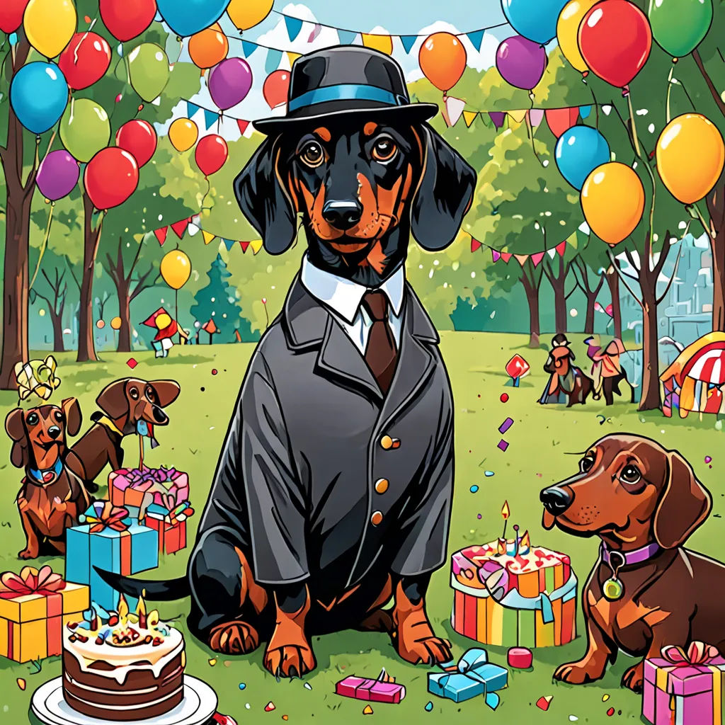 a dog dressed in a suit and tie sitting in a park with a birthday cake and presents on the ground, naive art, a storybook illustration, Felix Octavius Carr Darley, highly detailed digital art