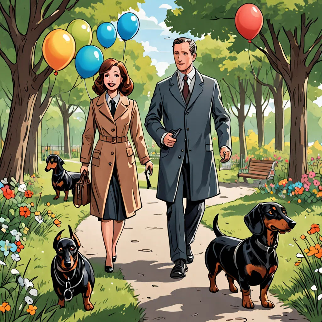 a man and woman walking down a path with two dogs and balloons in the air above them, and a man in a suit and tie and tie walking behind them, sots art, a comic book panel, Charles Schulz, promotional image
