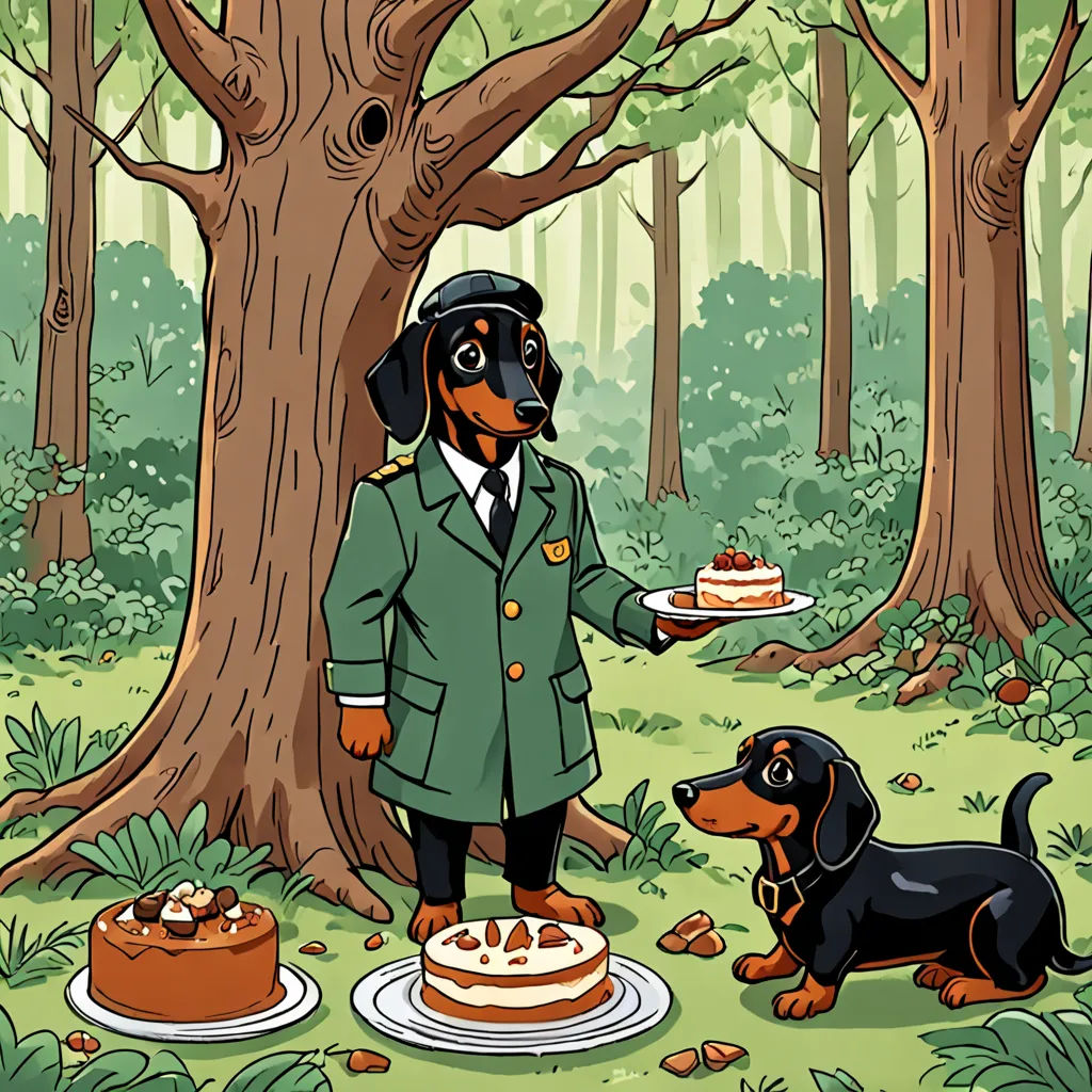 a dog is standing in the woods with a cake and a man in a suit is holding a plate, serial art, a storybook illustration, Carl Gustaf Pilo, storybook illustration