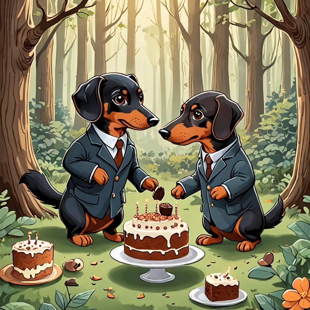 two dogs in suits are standing in the woods with a cake and a knife in their hands, and one dog is eating it, naive art, a storybook illustration, Andries Both, storybook illustration