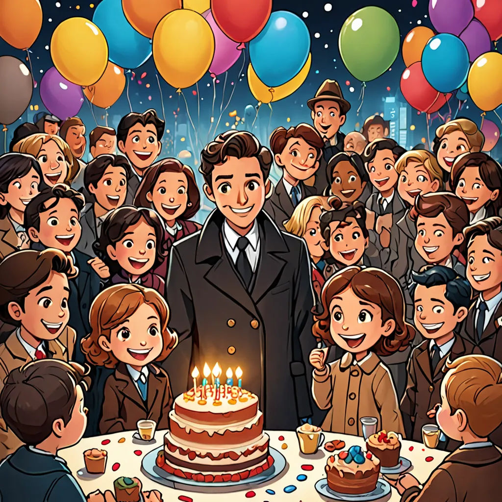 a man standing in front of a cake with candles on it surrounded by people and balloons in the background, fantastic realism, a comic book panel, David Brewster, official art