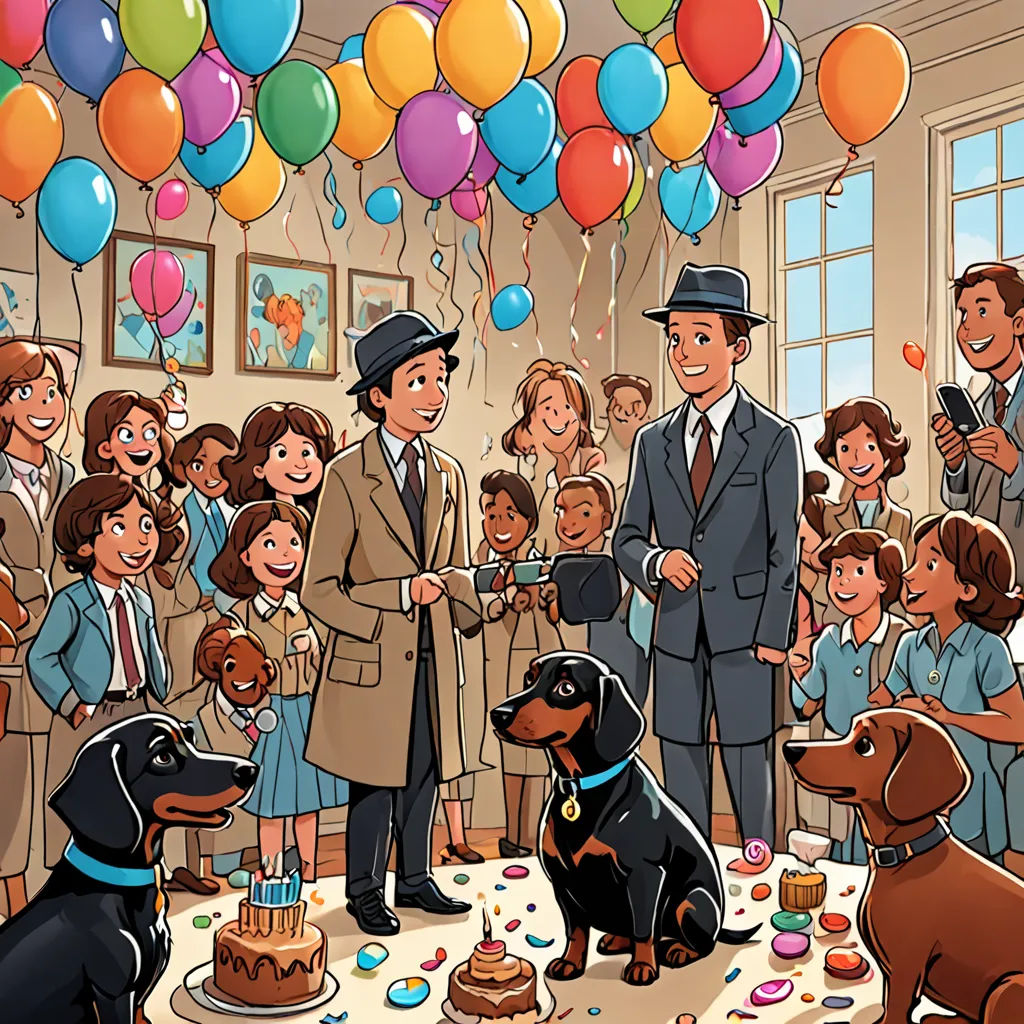 a man is standing in front of a group of people and a dog is sitting in front of a cake, naive art, a storybook illustration, Cliff Childs, comic cover art
