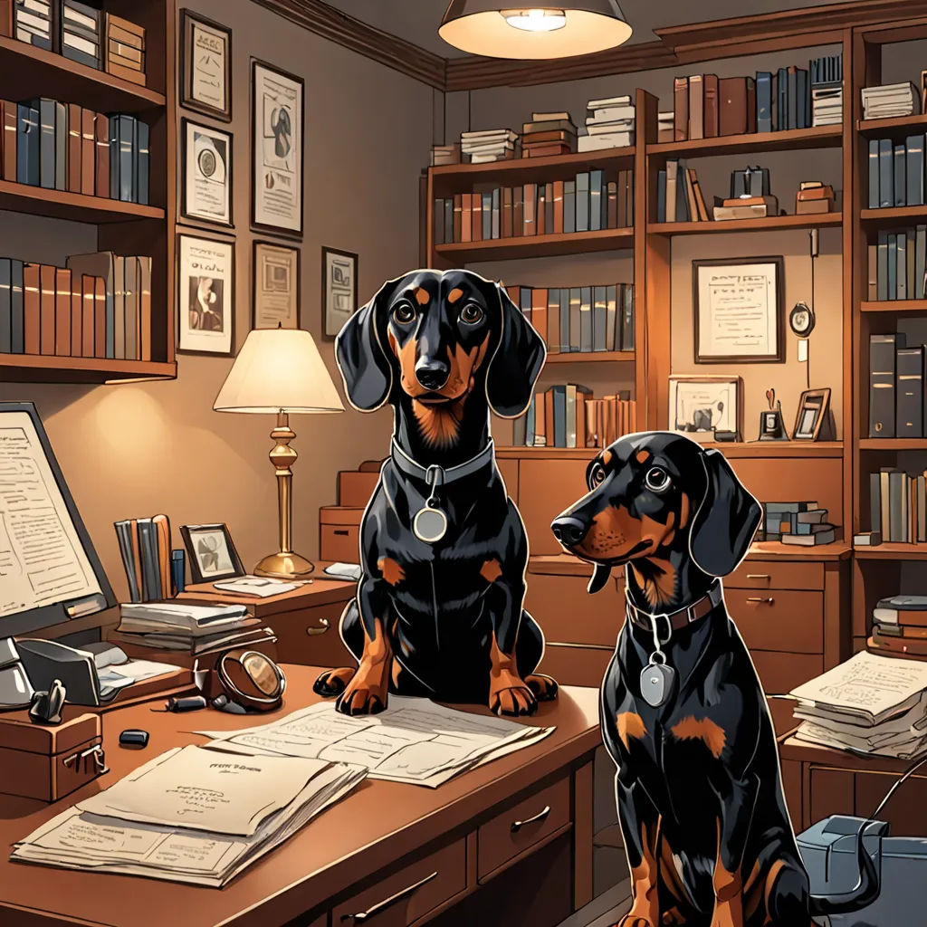 two dogs sitting on a desk in a room with a bookcase and lamp on it, and a lamp shade on the wall, academic art, a comic book panel, Brothers Hildebrandt, high detail illustration