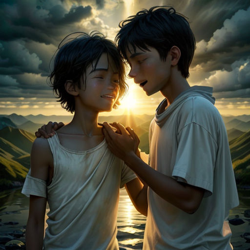 two young men standing next to each other in front of a sunset and mountains with clouds in the background