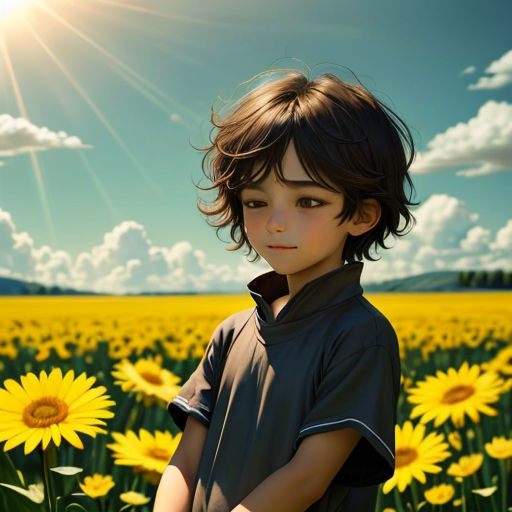 a young boy standing in a field of sunflowers with the sun shining behind him and a blue sky
