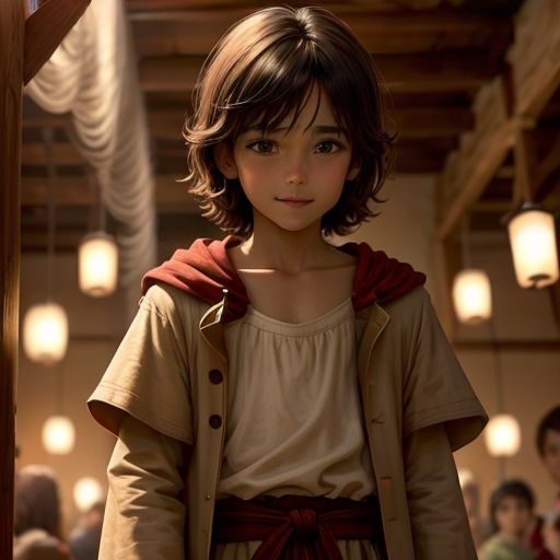 a young girl in a brown dress and a red hoodie standing in a room with people in the background