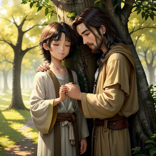 a painting of jesus and a young boy standing next to a tree in a park with a tree trunk