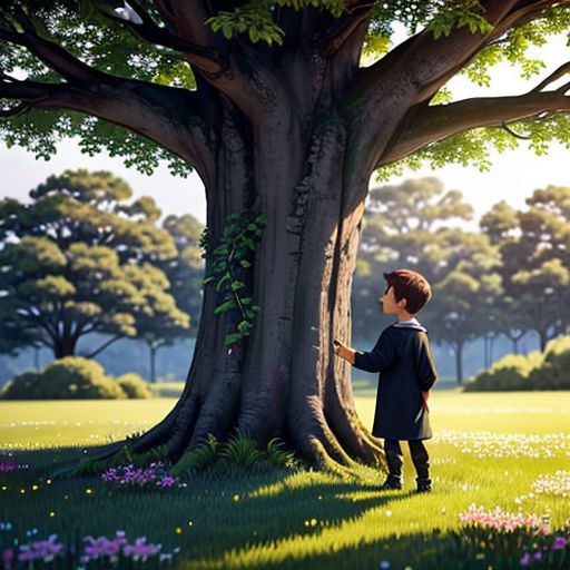 a boy standing next to a tree in a field of flowers and grass with a bird flying over it