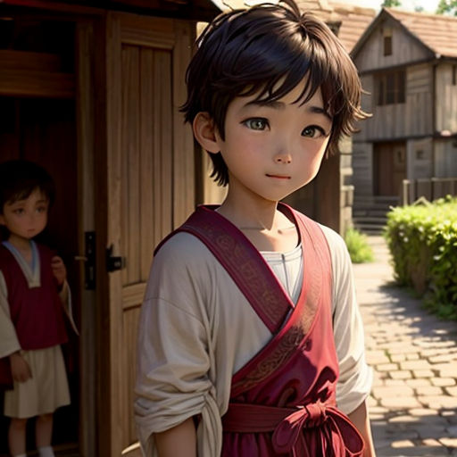 a young boy in a red and white dress standing in front of a door with a little girl in the background