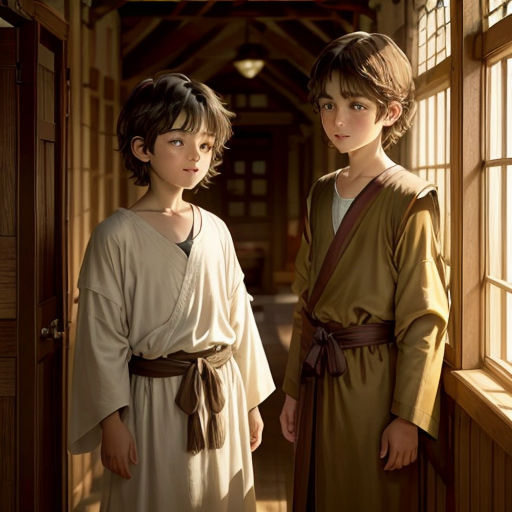 two young boys dressed in robes standing in a hallway with windows and doors open to the outside of the room