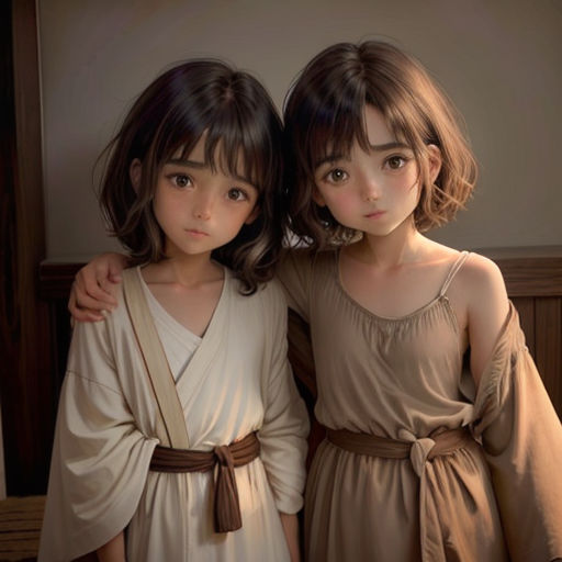 two young girls standing next to each other in a room with a mirror behind them and one girl wearing a brown dress